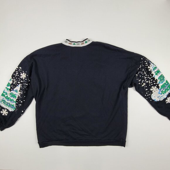 Vintage 90s Black Ugly Christmas Sweatshirt Puff Print Seasons Greetings sz L - Picture 7 of 11